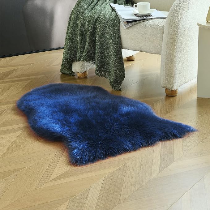 Navy Blue Faux Sheepskin Throw Rug 2x3 ft, Small Fluffy Fur Chair Cover | Shag - Image 6