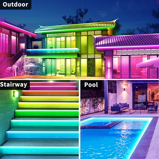 66Ft Outdoor Waterproof LED Strip Lights,Music Sync RGB IP68 Led Lights with App and Remote Control,Color Changing Waterproof RGB Exterior Rope Self Adhesive Back,Balcony,Roof,Garden,Party