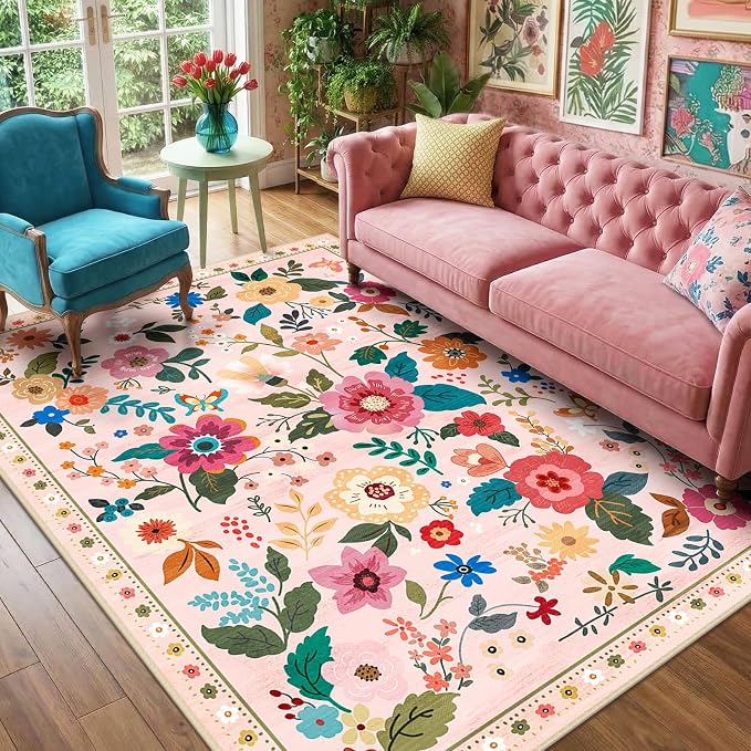 RELEANY Floral Washable 4x6 Area Rugs Pink | Flower Carpet Print Boho Cute Non - Image 2