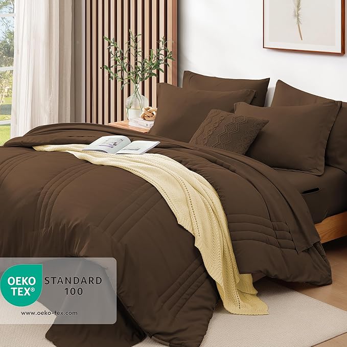 Monbix Queen Comforter Set - 7 Pieces Chocolate Brown Bed in a Bag Queen Bedding Sets with Comforters, All Seasons Down Alternative Comforter Bed Set with Sheets, Pillowcases & Shams