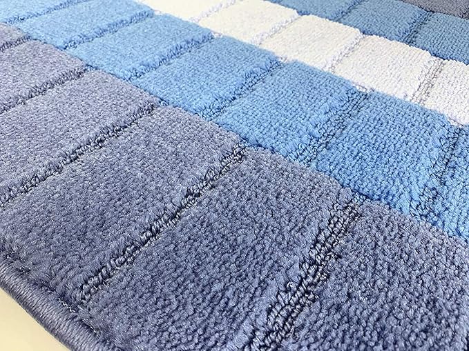 Custom Size Coastal Nautical Style Runner Rug Carpet for Hallway Entryway, Slip Resistant Latex Rubber Backed, 31 inch Wide X Customized Length, Squares Blue, 31 inch X 9 feet