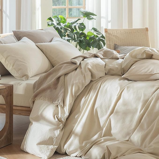 MooMee Bedding Duvet Cover Set 100% Washed Cotton Linen Like Textured Breathable Durable Soft Comfy (Heathered Almond Milk Grey, Super King Plus 120"x120")