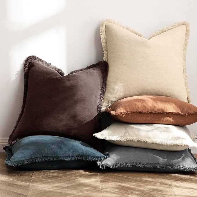 MIULEE Linen Fringe Decorative Fall Throw Pillow Covers Dark Brown 20x20 | Set - Image 6