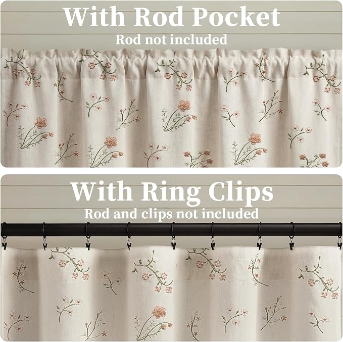 Kitchen Valances for Windows, Floral Embroidered 52x18 Inch 1 Panel | Country - Image 5