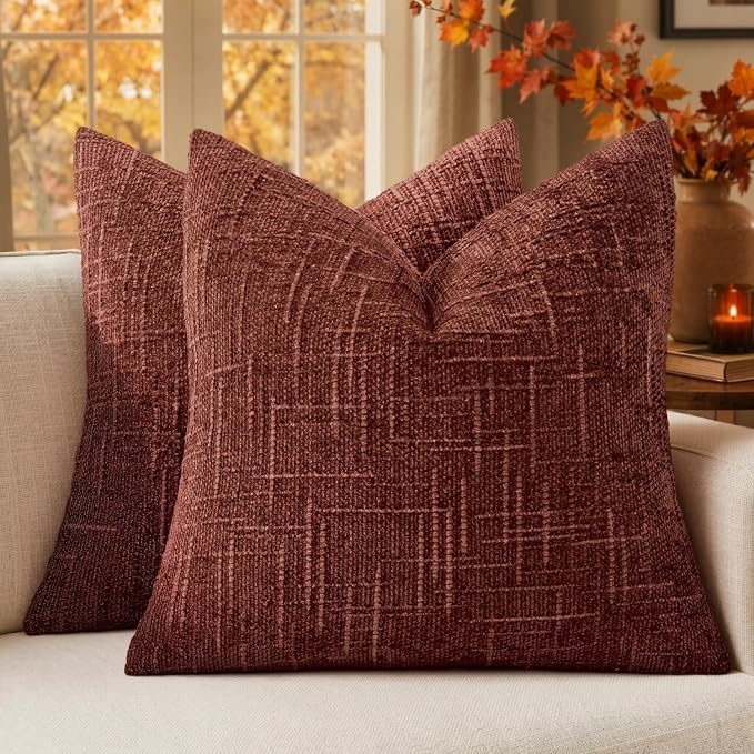 MIULEE Chenille Textured Fall Throw Pillow Covers Rust 18x18 Set of 2 | Slubby by MIULEE