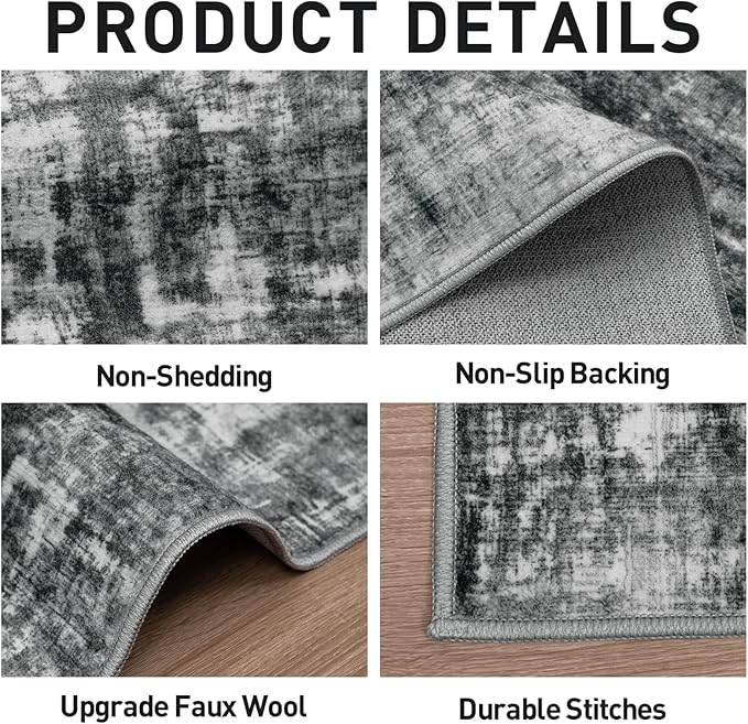 4x6 Area Rugs for Living Room: Washable Abstract Black Badroom Carpet | - Image 5
