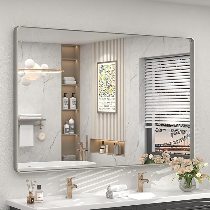 55x40 Silver Brushed Nickel Bathroom Mirror for Wall, Rounded Rectangle Silver Framed Bathroom Vanity Mirror, Anti-Rust, Shatterproof, Hangs Horizontally or Vertically