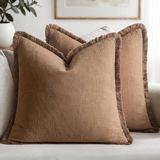 MIULEE Boho Linen Fringe Decorative Fall Throw Pillow Covers Brown 16x16 | Set by MIULEE