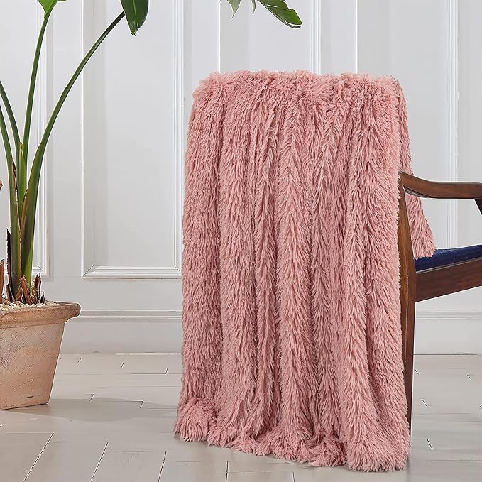 Tuddrom Decorative Extra Soft Faux Fur Blanket Twin Size 70" x 78",Solid Reversible Fuzzy Long Hair,Fluffy Cozy Plush Fleece Comfy Microfiber Blanket for Couch Sofa Bed,Peach Whip