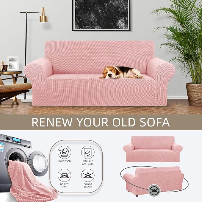 Stretch Loveseat Couch Cover, 2 Cushion Couch Slipcover, Dusty Pink | 1-Piece - Image 3