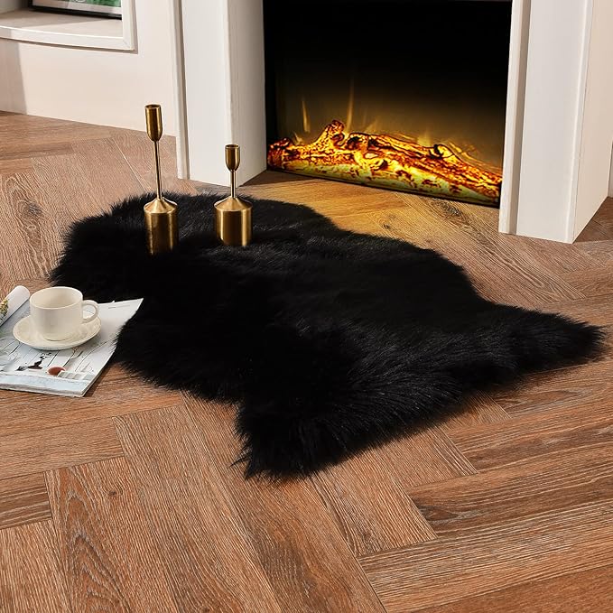 duduta Black Faux Fur Rug 2x3 ft, Small Fluffy Bedside Rug Seat Covers | Shag by duduta