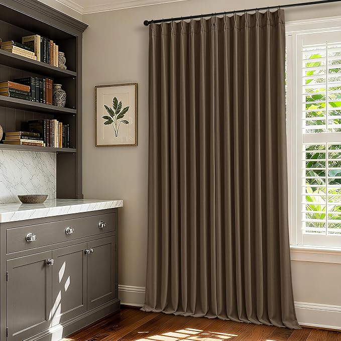 120 Inch Pinch Pleat Brown 100% Blackout Thick Linen Curtains by Twodrapes