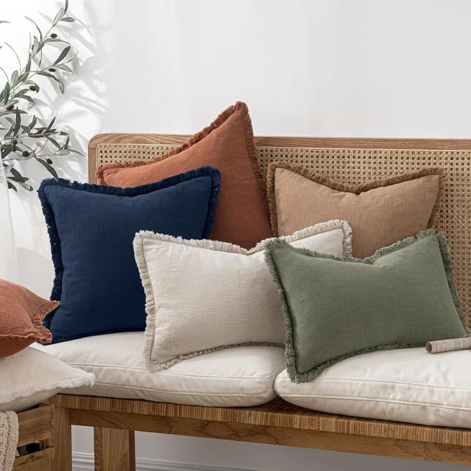 MIULEE Boho Linen Fringe Decorative Throw Pillow Covers Dark Navy 20x20 | Set - Image 6