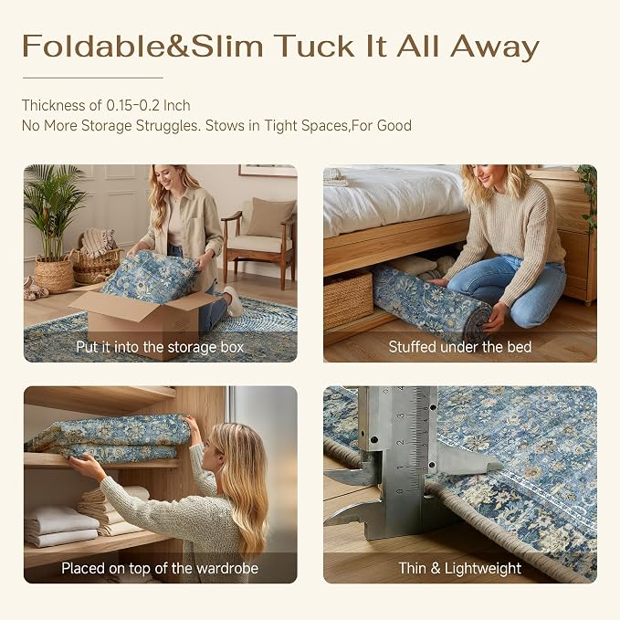 5x7 Light Blue Vintage Floral Washable Area Rug - Image 5