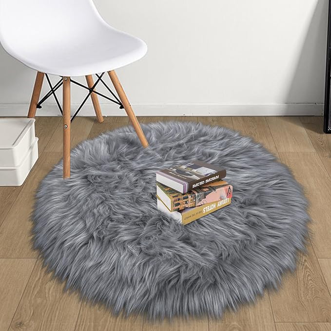 Grey Round Rugs for Bedroom, Fluffy Circle Rug 2 2 Feet for Kids Room, Furry - Image 3