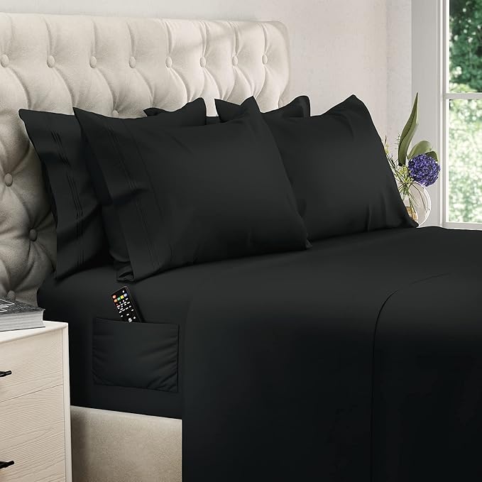 DREAMCARE King Size Sheets Set – 6 pcs Cooling Bed Sheets – up to 21” Deep Pocket King Sheet Set – 2500 Supreme Collection – Extra Soft 100% Brushed Microfiber Hotel Luxury with Side Pocket – Black
