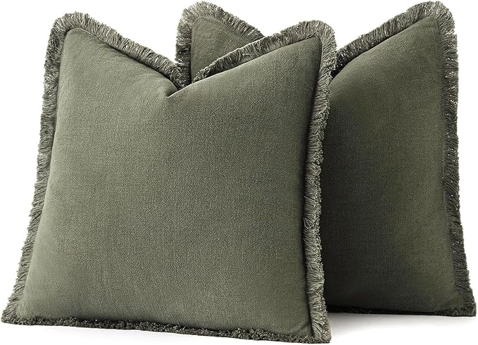 MIULEE Boho Linen Fringe Decorative Throw Pillow Covers Olive Green 20x20 | Set - Image 6