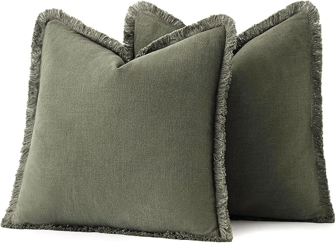 MIULEE Linen Fringe Decorative Euro Throw Pillow Covers Olive Green 22x22 | Set - Image 6
