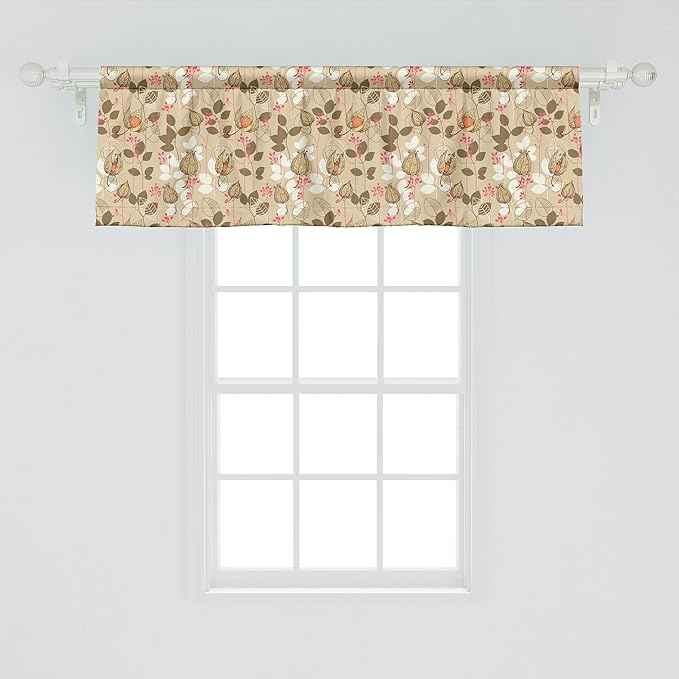Ambesonne Autumn Window Valance, Seasonal Fruits and Leafs Vintage Botanical Print Soft Brown Toned Backdrop, Curtain Valance for Kitchen Bedroom Decor with Rod Pocket, 42" x 18", Sepia Multicolor