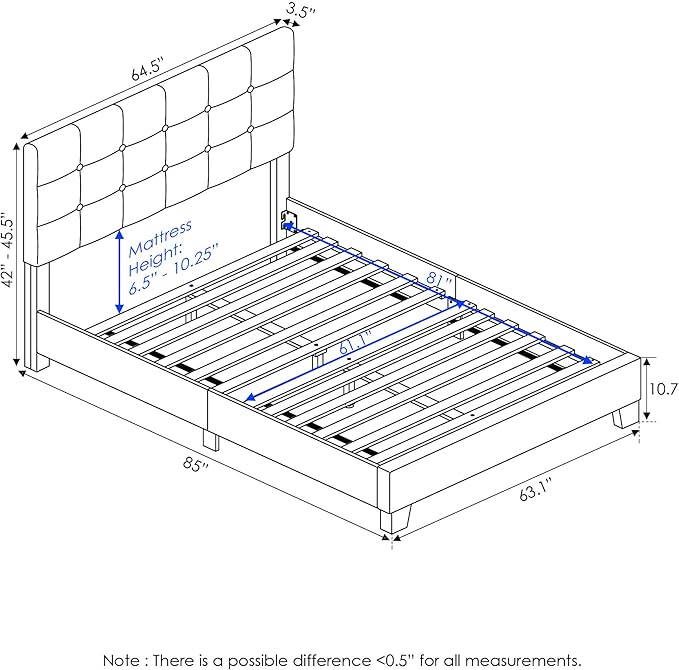 Furinno Laval Button Tufted Upholstered Platform Bed Frame, Queen, Glacier