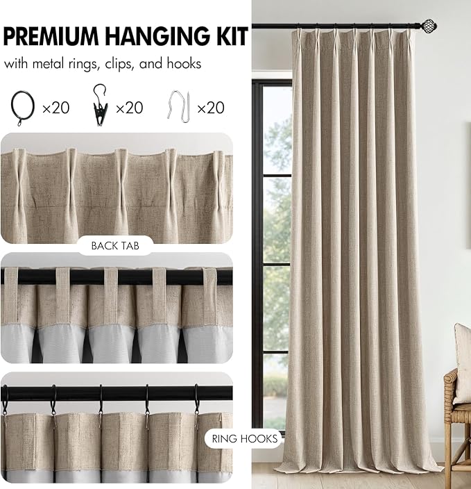 MIULEE Sand Pinch Pleated 100% Blackout Linen Curtains 40x102 Inches | Room - Image 8