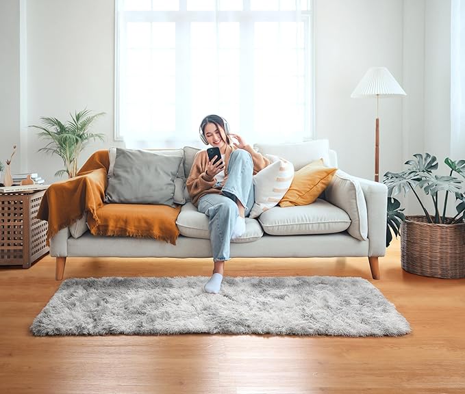 Runner Rugs for Bedroom Living Room, Fluffy Tie-Dye Light Grey 2x6 Area Rug | - Image 6