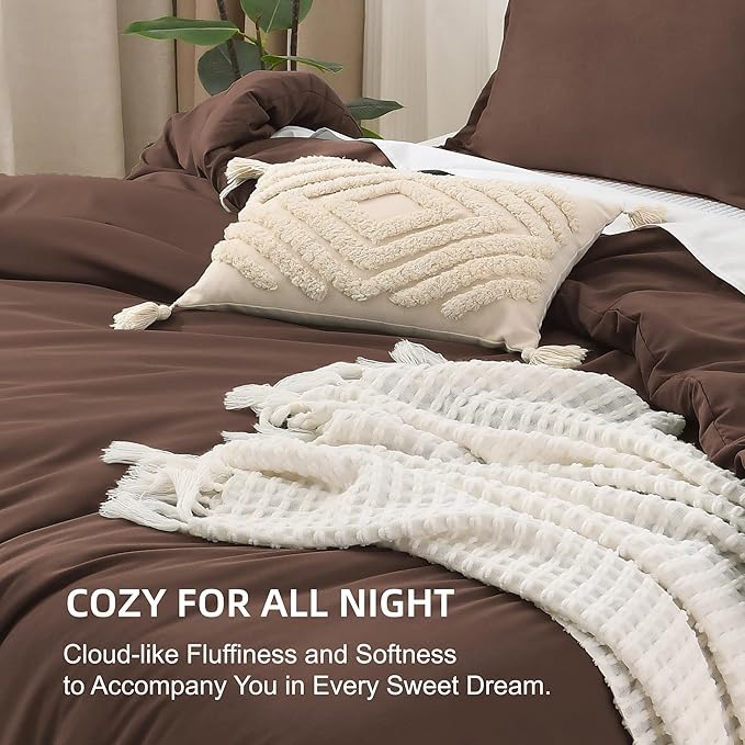 Litanika Comforters Brown Super King Plus Size, 3 Pieces Lightweight Solid Bedding Set & Collections, All Season Fluffy Bed Set (128x120In Comforter & 2 Pillowcases)