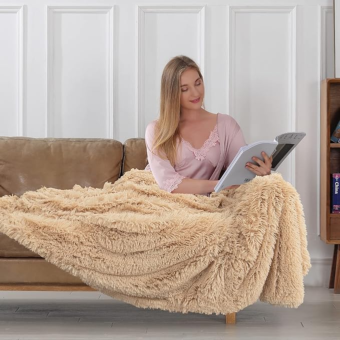 Tuddrom Decorative Extra Soft Faux Fur Blanket Queen Size 80" x 90",Solid Reversible Fuzzy Fluffy Cozy Plush Fleece Comfy Microfiber Fur Blanket for Couch Sofa Bed,Apricot