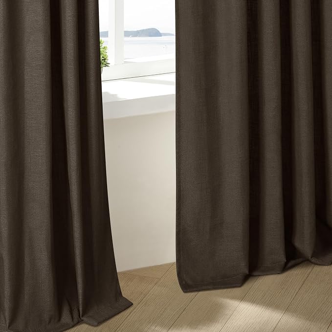 Dark Chocolate Pleated Linen Semi Sheer Curtains 45 Inch Length 2 Panels | - Image 7