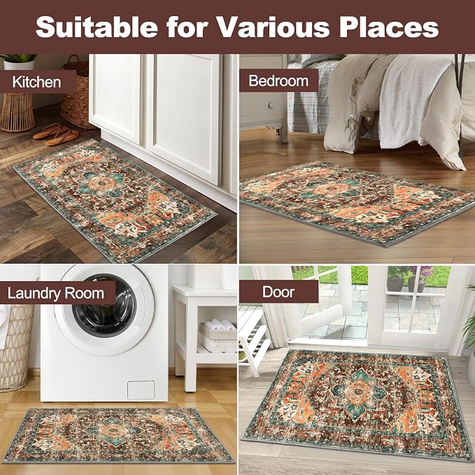 Yamaziot Washable Area Rug, 2x3 Small Boho Vintage Entryway Non-Slip Rug | - Image 7