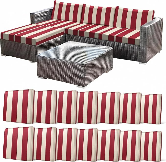 CALBODE 14 Pcs Stretch Outdoor Seat Cushion Covers, Washable Striped Chair Seat by CALBODE
