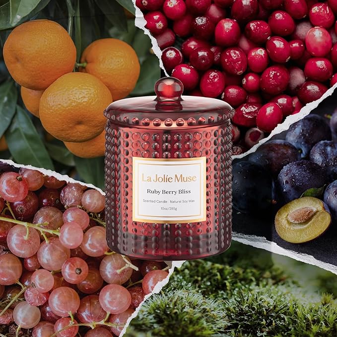 LA JOLIE MUSE Christmas Candle | Ruby Berry Bliss | Mandarin Cranberry & Plum | 10 oz Festive Candle | 55 Hours Clean Burn | Gift for Women & Family