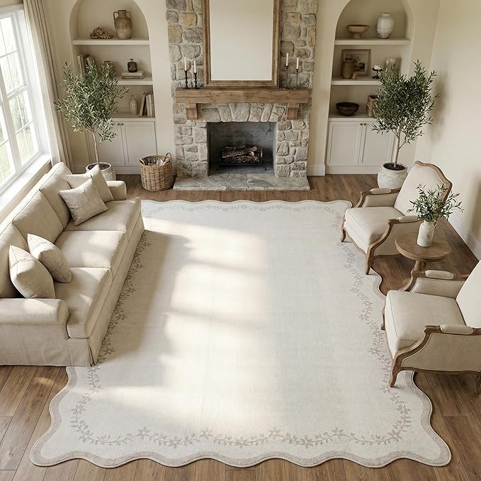 GarveeHome 4x6 Scalloped Washable Area Rug Beige Nursery Kids Bedroom Rug | - Image 3