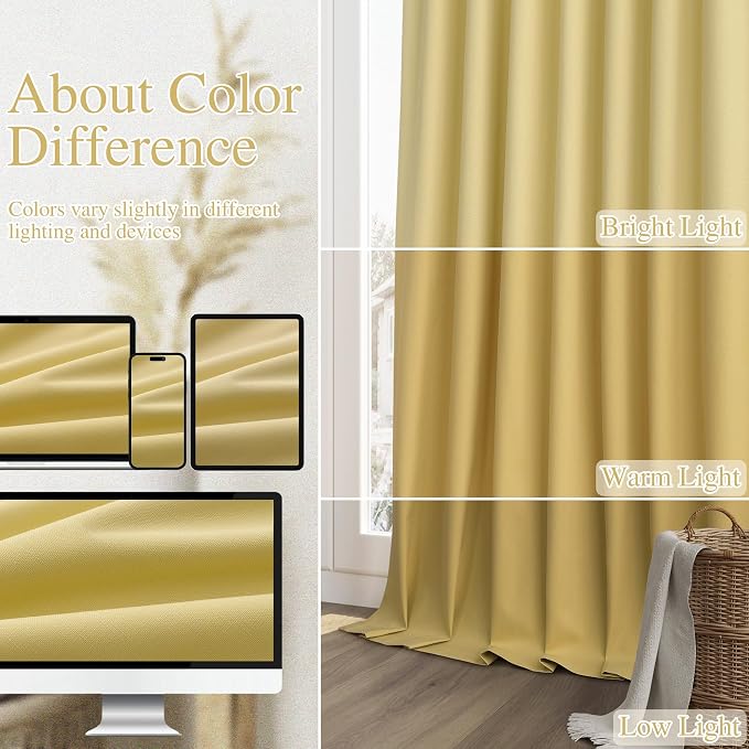 Yellow 100% Blackout Linen Curtains 90 Inch Length 2 Panels Set - Image 7