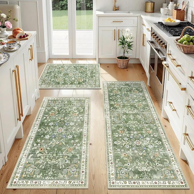 Yamaziot 2x3+2x4+2x5Ft Washable Kitchen Rug Set of 3 Non Slip, Sage Green | by Yamaziot