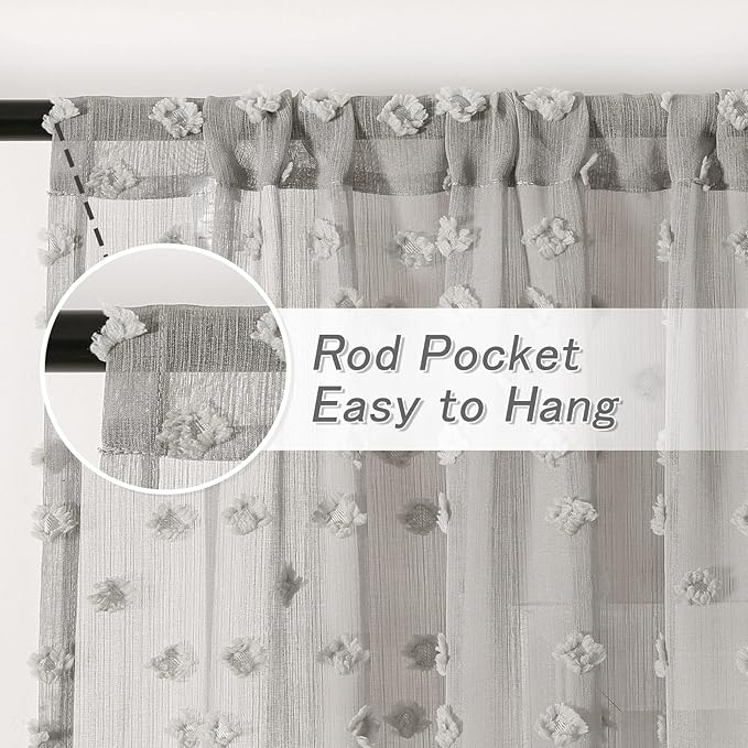 MYSKY HOME Pom Pom Grey Sheer Curtains for Bedroom Girls Room Curtains 84 Inches Long for Nursery Kids Light Filtering Boho Window Drapes, Rod Pocket, 52" Wide, 2 Panels