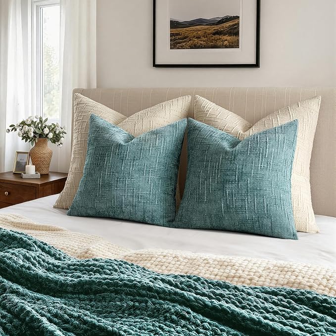 MIULEE Chenille Textured Throw Pillow Covers Teal 18x18 Set of 2 | Slubby - Image 5
