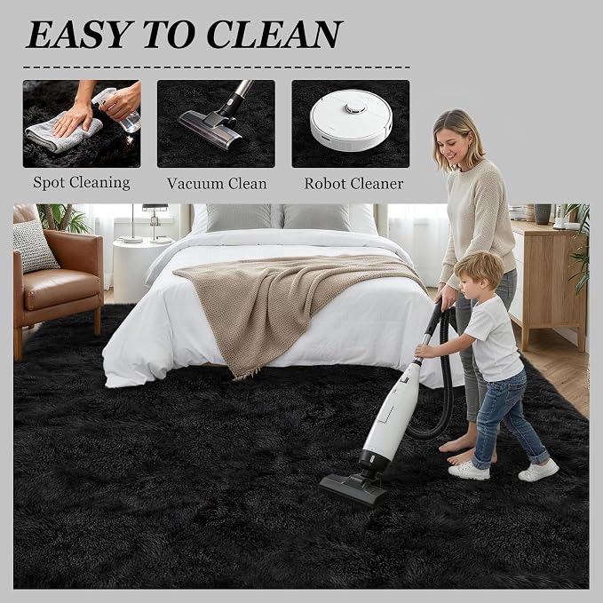 Area Rug Living Room Bedroom: 5x7 Fluffy Plush Shag Carpet Black | - Image 8