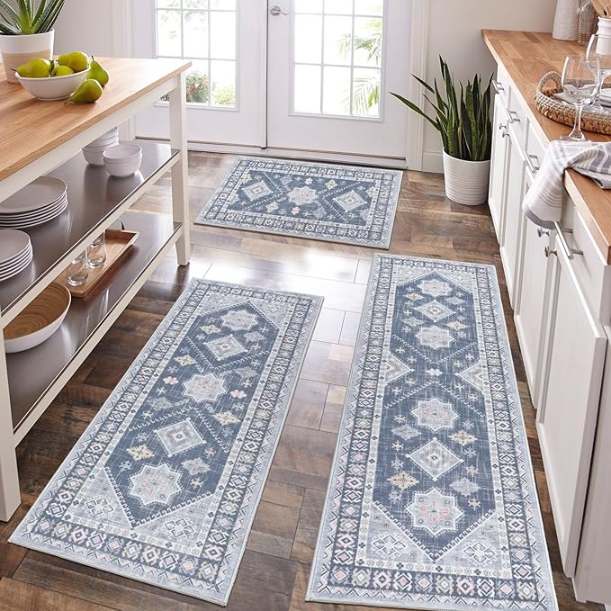HEBE Boho Kitchen Rugs Set of 3, Non Slip Washable Kitchen Mats by HEBE