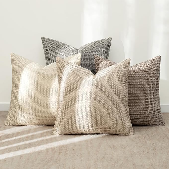 MIULEE Decorative Chenille Pillow Covers Neutral Beige 22x22 Pack of 4 | Modern - Image 3