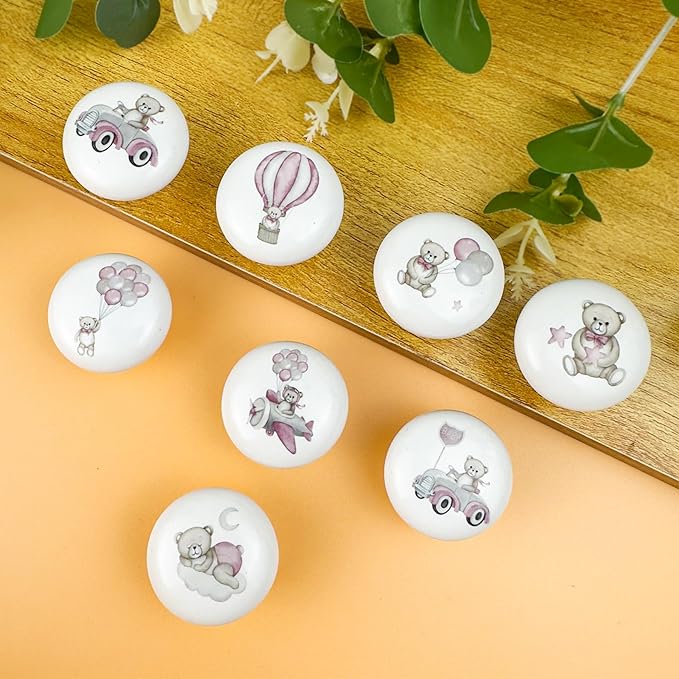 8Pack1.5 Ceramic Pink Bear Knob Cute Safari Animals Kids Nursery Furniture Cabinet Room Dresser Drawer Pulls and Knobs