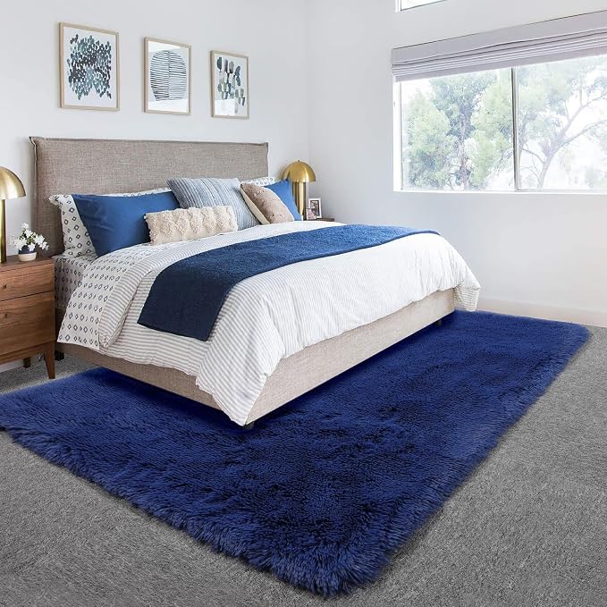 Amdrebio Navy Blue Furry Shaggy Area Rug 5x7 - Image 7