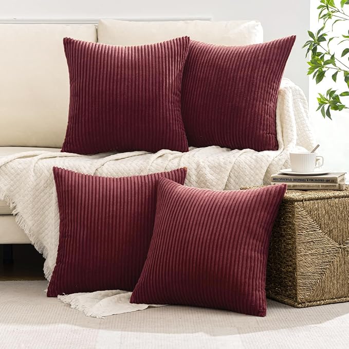 MIULEE Soft Corduroy Decorative Throw Pillow Covers Burgundy 18x18 | Set of 4 - Image 5