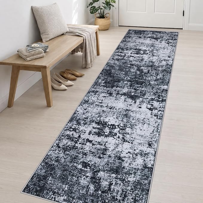 2.6x14 Washable Runner Rug:Modern Abstract Indoor Carpet Black | - Image 4