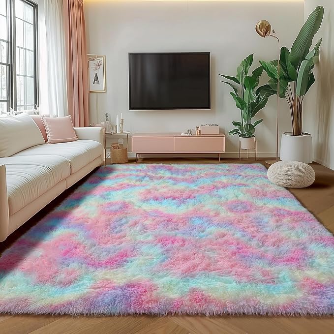 Rainbow Area Rugs for Girls Bedroom, 4x6 Fluffy Bedside Colorful Rug, Cute Soft - Image 7