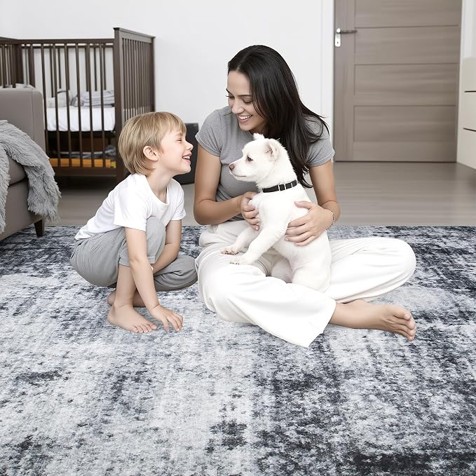 Round Area Rug Living Room: 6 ft Modern Washable Carpet Dark | - Image 8