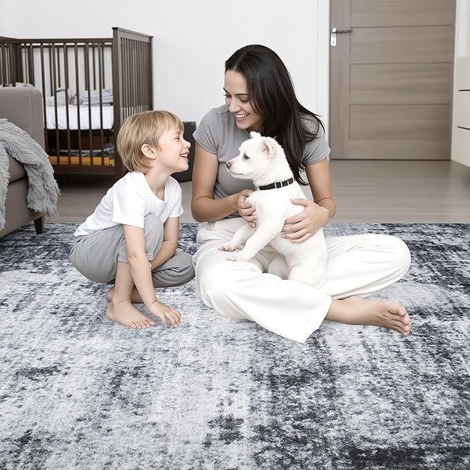 Round Area Rug Living Room: 4 ft Modern Washable Carpet Dark | - Image 7