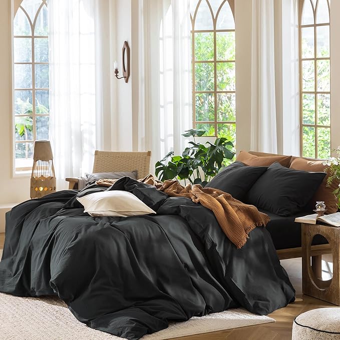 MooMee Bedding Duvet Cover Set 100% Washed Cotton Linen Like Textured Breathable Durable Soft Comfy (Solid Black, King 104"x90")