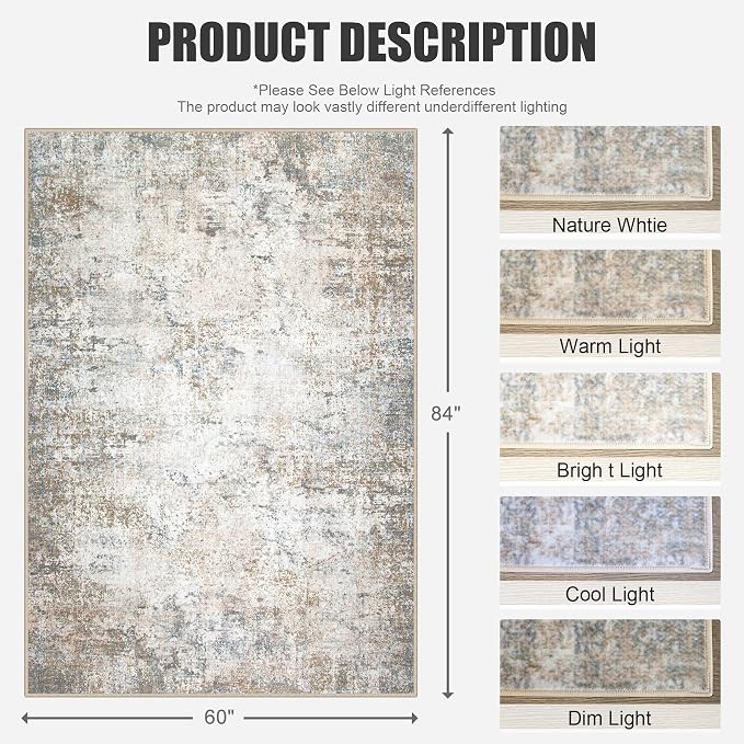 5x7 Area Rug Living Room: Modern Washable Indoor Soft Carpet Brown | - Image 2