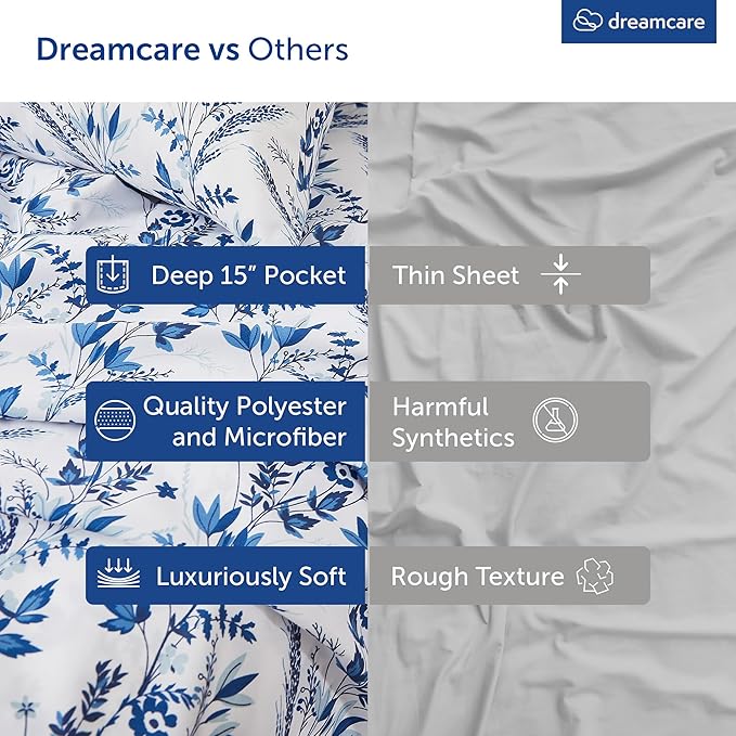 DREAMCARE Queen Size Sheets - Floral Sheets Queen Size Bed Set - 4pcs Queen Sheet Set - Cooling Bed Sheets - Queen Size Sheet Sets - Soft & Long Lasting 100% Brushed Floral Bed Set - Floral Blue